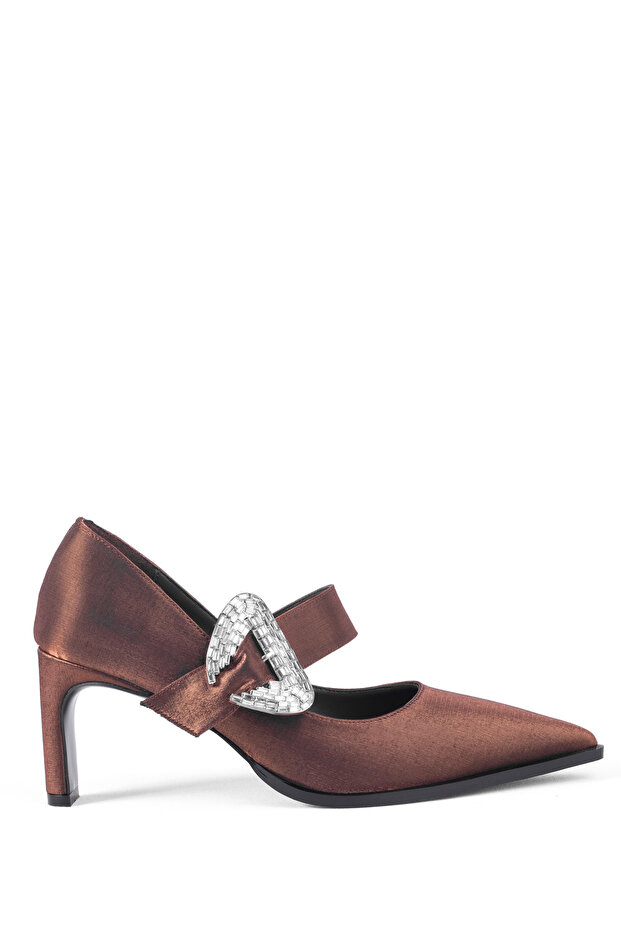 Special Series Jane High Heels Designed with Luxurious Textured Fabric and Glittering Triangle Buckle