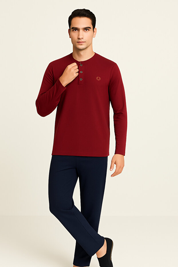Men's Burgundy 100% Cotton Long Sleeve Pajama Set