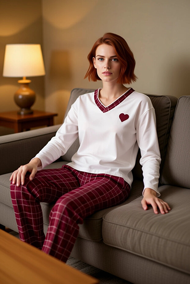 Women's Plaid Heart V-Neck Pajama Set Functional Durable Quality Comfortable Aesthetic Stylish