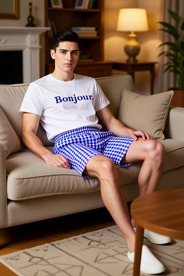 Men's Bonjour Printed Crew Neck Shorts Pajama Set Functional Durable Quality Stylish