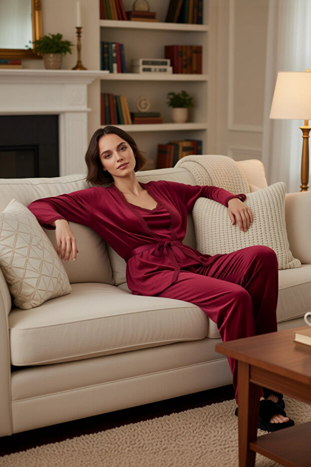 Velvet Home Wear Set Women's V-Neck Lace Detailed Functional Durable Quality Comfortable Stylish