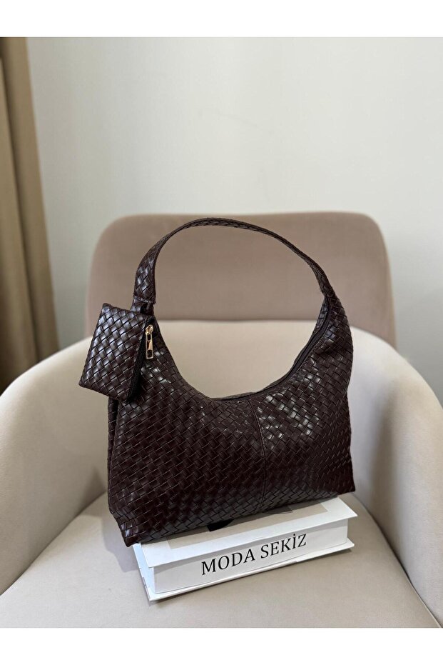 Women's Faux Leather Patterned Baguette Model Wallet Shoulder Bag with Accessories