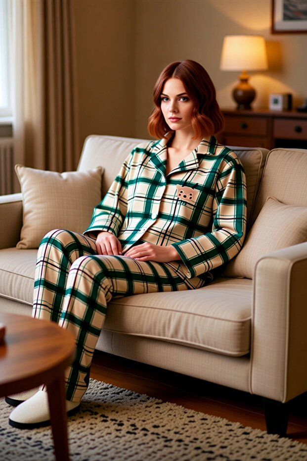 Women's Plaid Fleece Pajama Set Embroidered Shirt Collar Functional Durable Quality Aesthetic