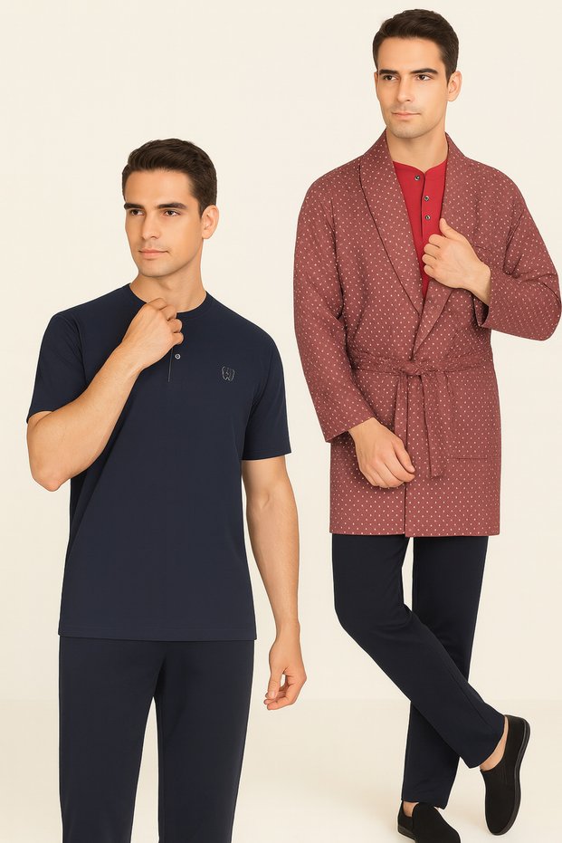 Men's Burgundy 100% Cotton 5-Piece Shorts-T-Shirt & Long Sleeve Top-Long Bottom Robdöşambr Boxed Pajama Set