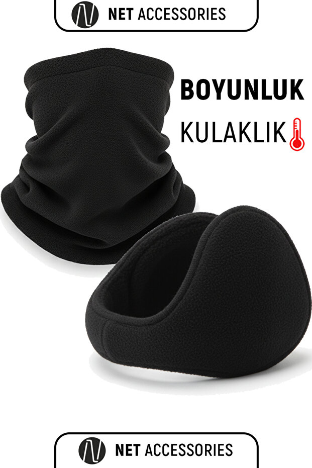 Black Thermal Fleece Neck Warmer and Black Neck Warmer Ear Muffs Set Unisex Winter