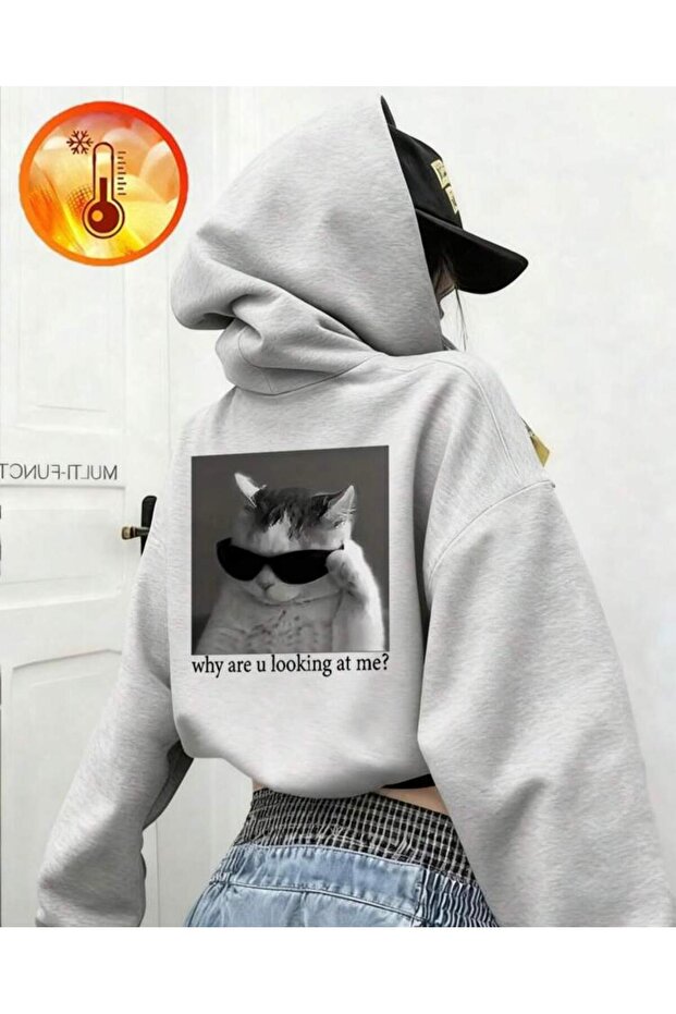 Unisex Oversize Cool Cat Printed Hooded Sweatshirt