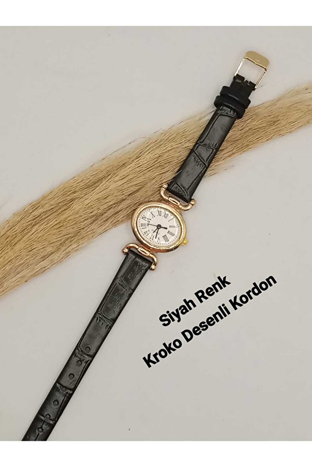 Retro Gold Case New Season Black Crocodile Patterned Strap Women's Wristwatch Vintage Model