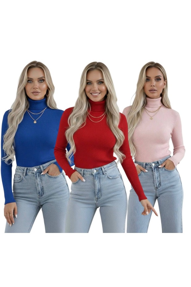 High-Necked Long Sleeve Women's Bodysuit Sweater Set of 3 - Red Main Colors