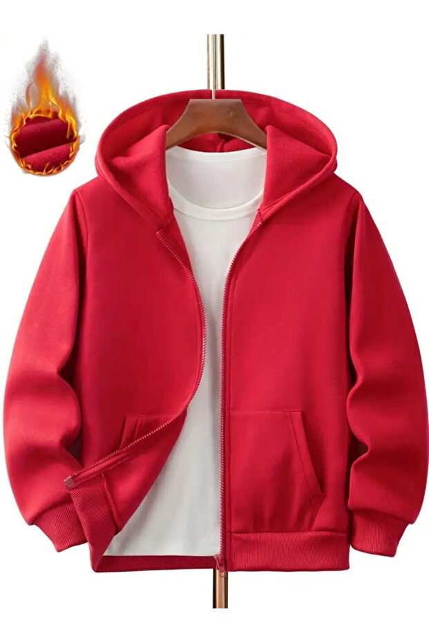 Children's Unisex Hooded Zippered Red Cardigan