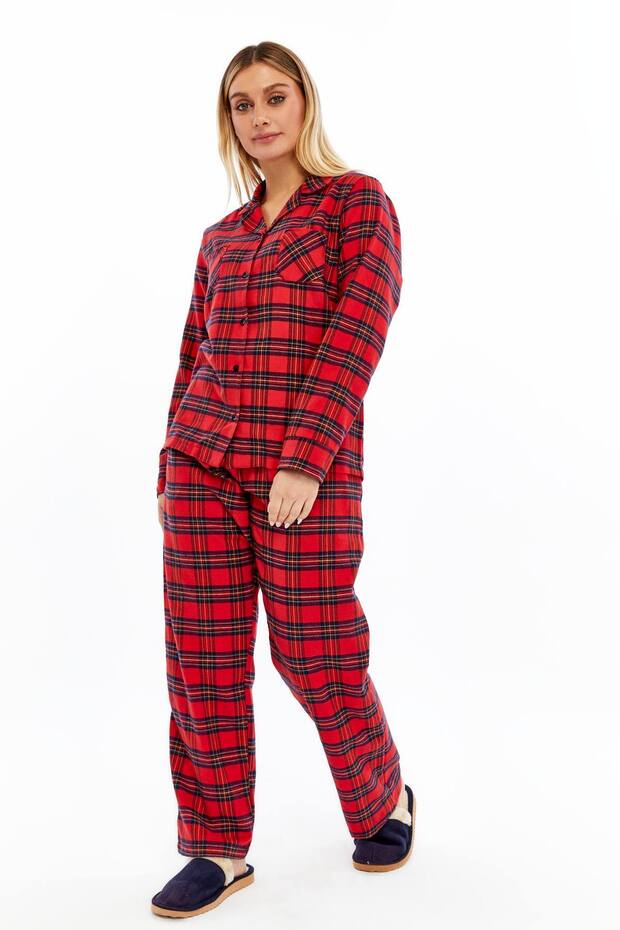 KIRMIZI EKOSE KARELİ PAMUKLU ÖNDEN DÜĞMELİ KADIN PİJAMA TAKIMI - 4