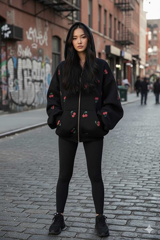 Liyadaco Oversized Cherry Printed Zipper Black Hooded Sweatshirt -Cardigan