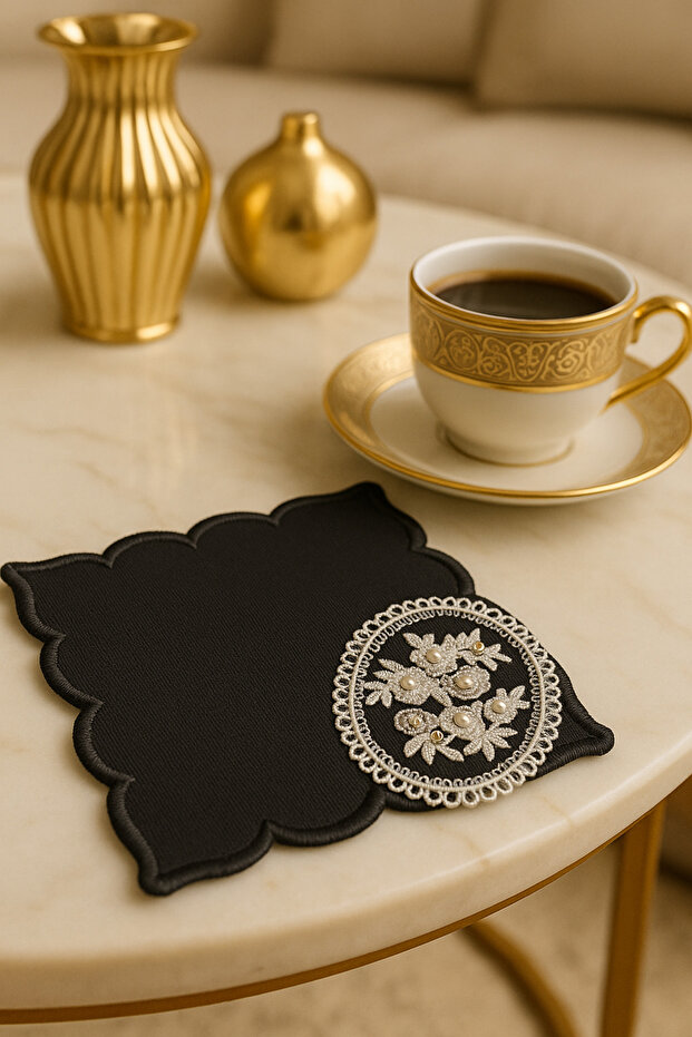 Handcrafted Poppy Presentation Mat – Oval Frame Processing with Pearl Stones, Special Design Black Base