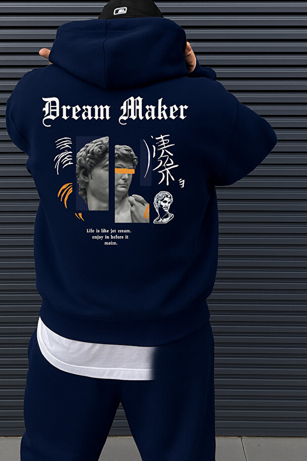 سترة رجالية من 3 Yarns K بغطاء رأس بجيب على شكل كنغر وطباعة خلفية بتصميم Sculpture Dream Maker