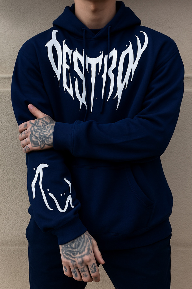 3-Thread Fleece with Oversized Pockets, Gothic'Destroy' Lettering B Printed Sweatshirt