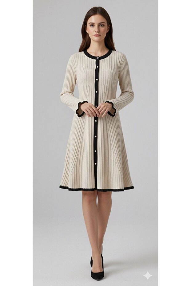 Soft Cream Pearl Detail Knit Dress