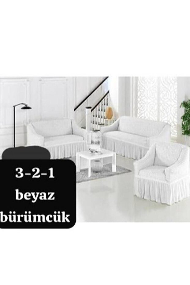 Bürümcük (3-2-1) Sofa Slipcover Set with Skirt (White Rank)