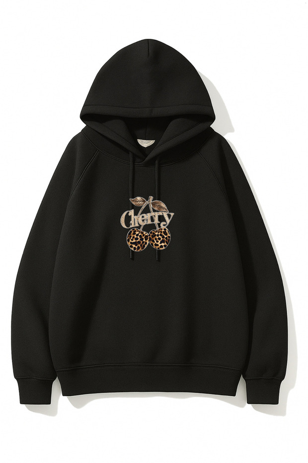 Women's Winter Cotton Leopard Cherry Printed Regular Hooded Sweatshirt