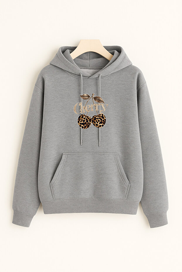 Women's Winter Cotton Leopard Lip Printed Hooded Regular Sweatshirt with Kangaroo Pocket