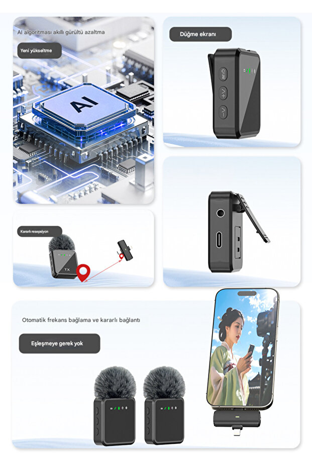 Kablosuz Tüylü Yaka Mikrofonu iPhone Type-C PC Tablet Video Kayıt Vlog Lightning USB-C Çıkış - 2