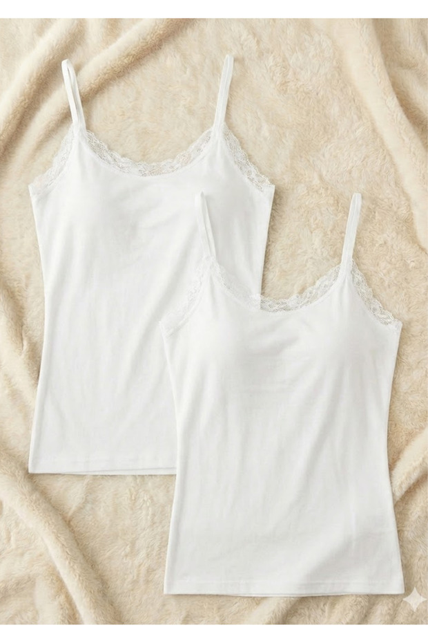 2-Pack Women's Lace Detailed String Strap Tank Top - 48% Cotton 47% Modal Soft Textured Stretchy Clothing