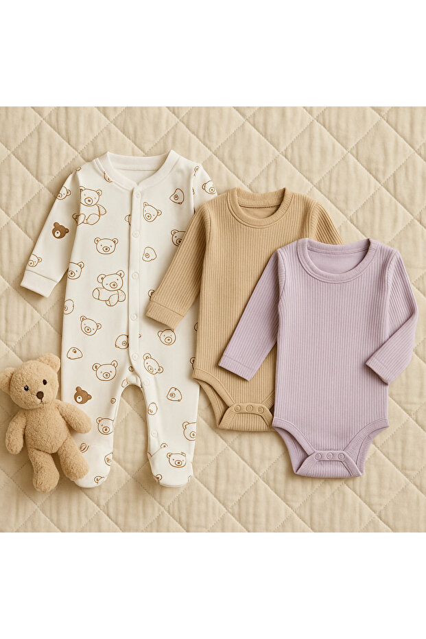 Baby Long Sleeve Snap-On Romper Bodysuit 3-Piece 100% Cotton (3 Months, 6 Months)