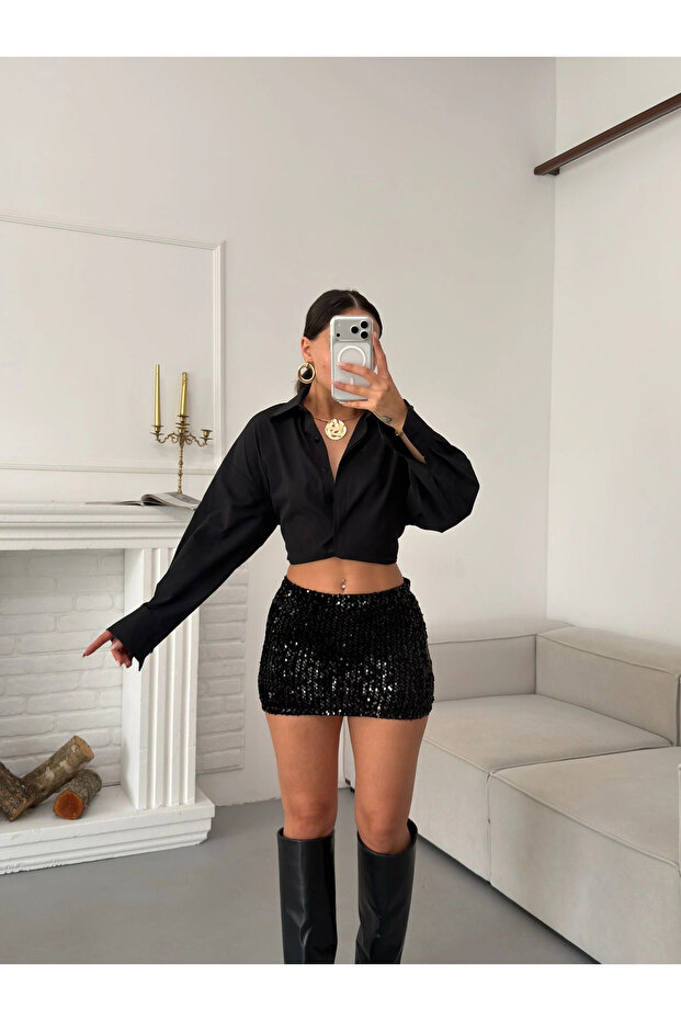 Payetli Şort Etek - SİYAH - 1