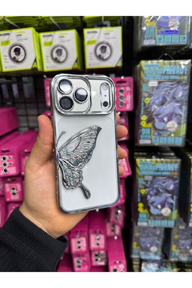 حافظة متوافقة مع آيفون 17 برو مع عدسة لامعة وبراقة ونمط فراشة - 3