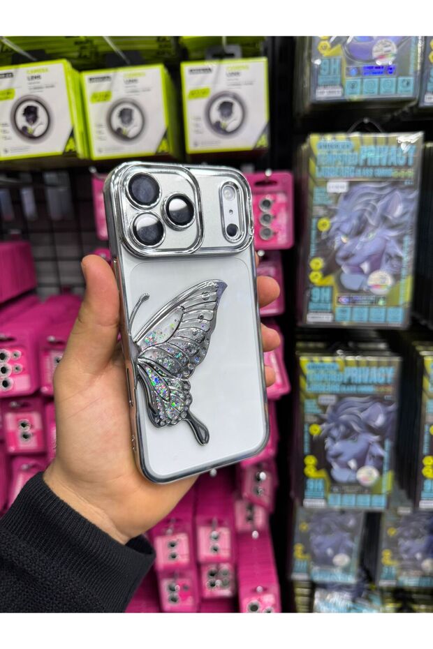 حافظة متوافقة مع آيفون 17 برو ماكس مع عدسة لامعة ونمط فراشة براق - 2