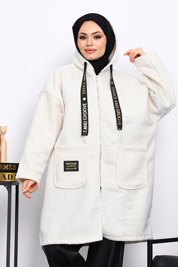 Ecru Hooded Boucle Coat with Pocket Detail