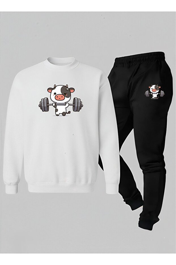 Unisex Sweatshirt - Tracksuit Kids Set Crew Neck Musculous Cow B Printed 3 Thread Raised