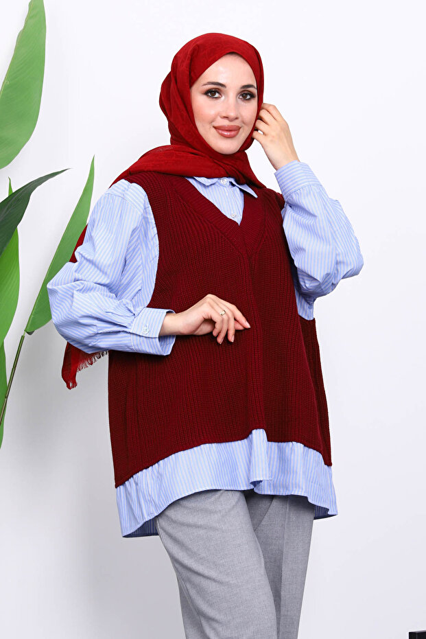 Burgundy Knitwear Paneled Shirt