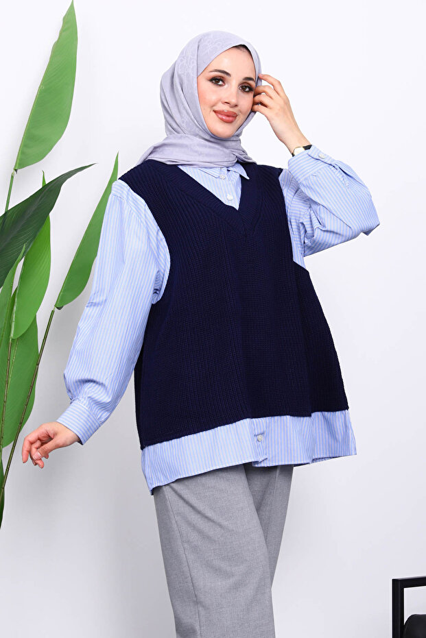 Navy Blue Knitwear Paneled Shirt