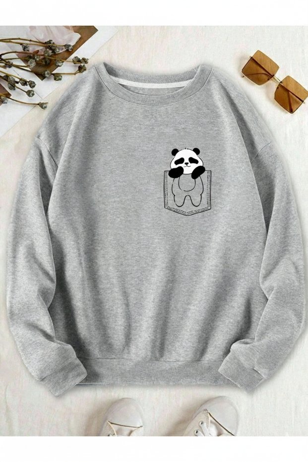 سويت شيرت عادي للجنسين من Panda Pocket مطبوع مصنوع من القطن بنسبة 100%