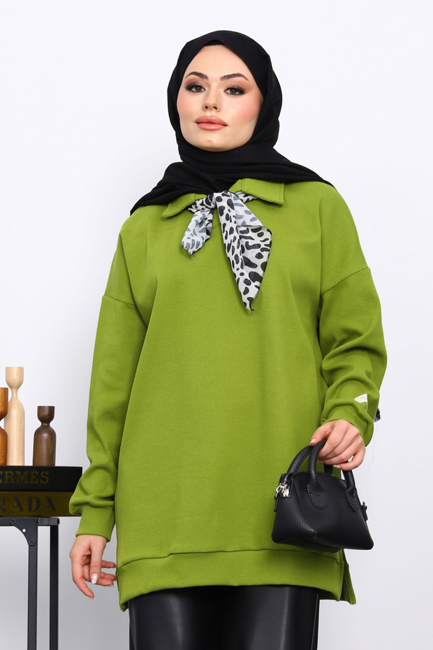Oil Green Tunic with Scarf Detail on the Collar