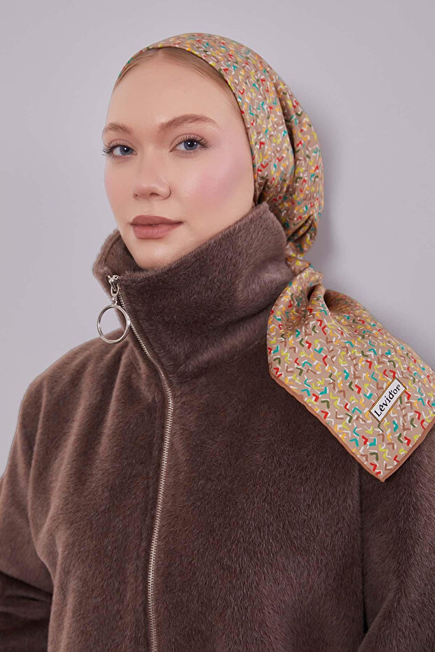 Milky Coffee Mini Text Detail Twill Silk Scarf-0926