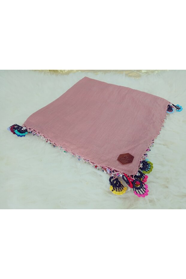 100% Cotton Ezgi Scarf with Floral Pattern Motifs and Beaded Crochet Writing, Kerchief, Mevlit Shawl