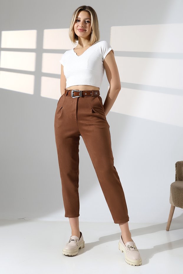 Women's High Waist Brown Suede Pants – Ankle Length with Belt and Pockets