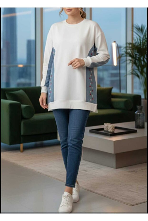 Women's Cotton Combed Fabric with Flower and Denim Details