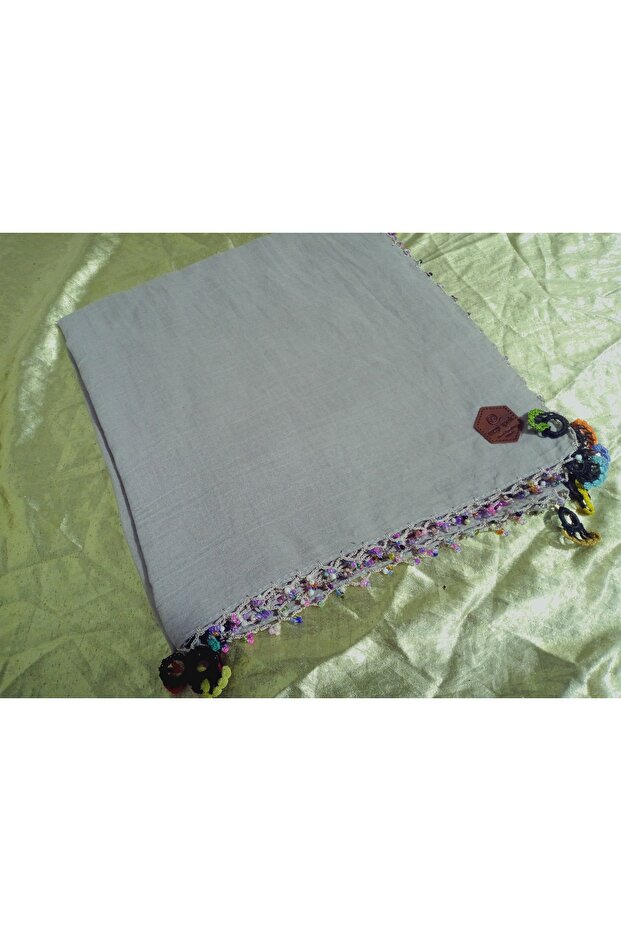 100% Cotton Ezgi Scarf with Floral Pattern Motifs and Beaded Crochet Writing, Kerchief, Mevlit Shawl