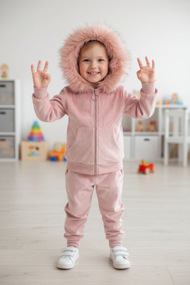Tak Çıkar Fur Hooded Girls' French Velvet Pink Tracksuit Set