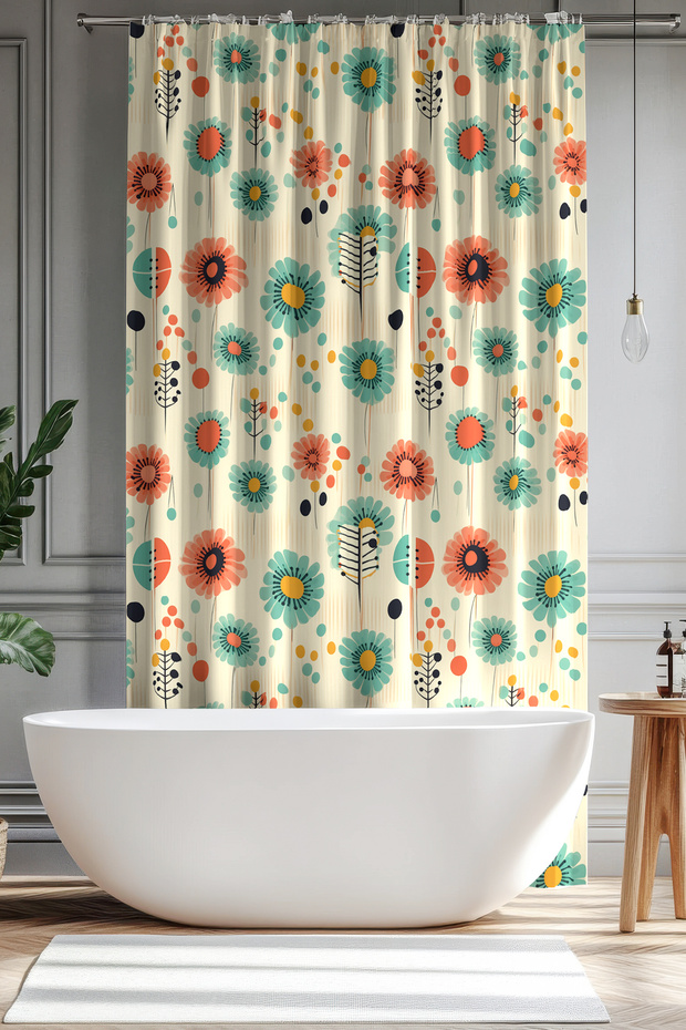Bathroom Curtain, Retro Spring Flower Pattern Shower Curtain, Bathtub Curtain, with Ring Gift 175X200Cm Bp-40