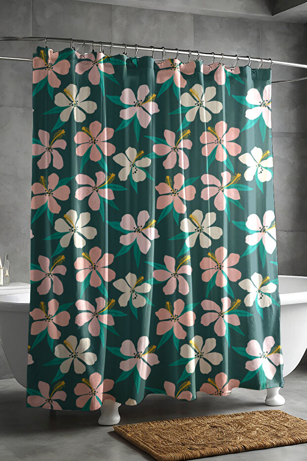 Bathroom Curtain, Dark Green Daisy Pattern Shower Curtain, Bathtub Curtain, with Ring Gift 175X200Cm Bp-27