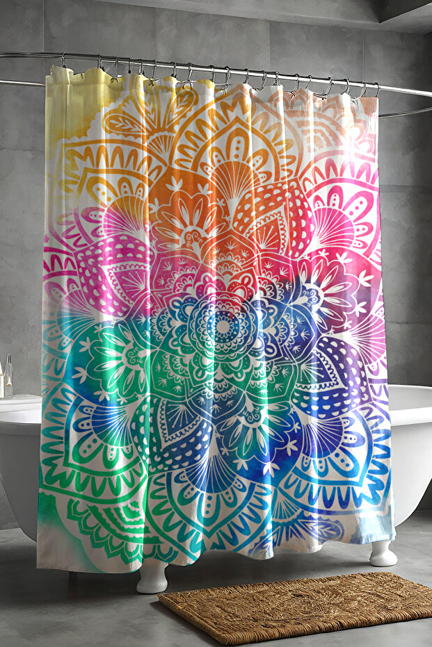 Bathroom Curtain, Mandala Patterned Shower Curtain, Bathtub Curtain, with Ring Gift 175X200Cm Bp-27