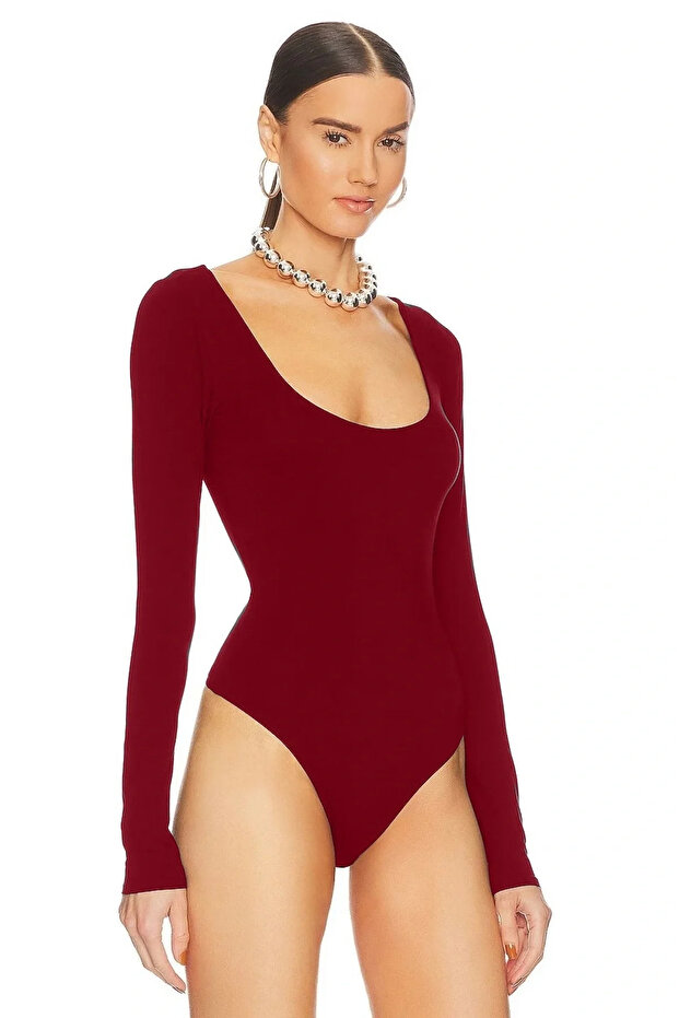 Women's Burgundy U-Neck Long Sleeve Silk Jersey Body-Hugging Basic Bodysuit