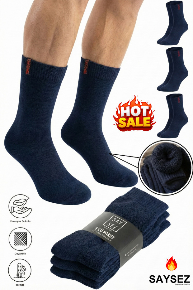 3 Pairs Thermal Men's Winter Socket Towel Thick Socks Stitch-Free Navy Blue Color Premium Cotton
