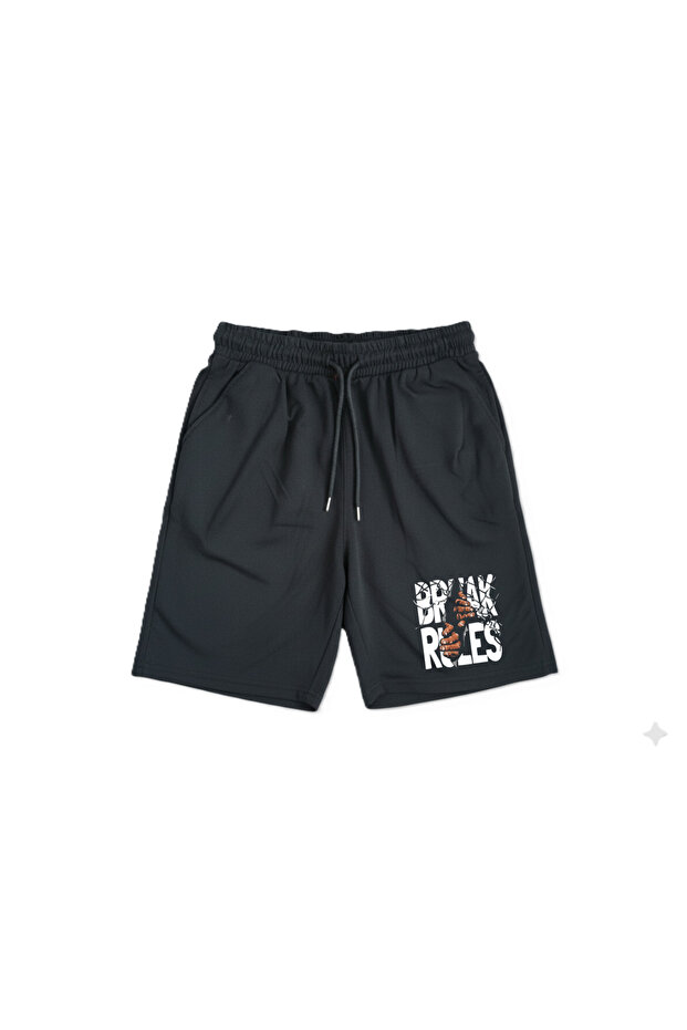 Women Men Unisex Break Rules Printed Black Combed Cotton Shorts Relaxed Fit Pockets Elasticated Casual Sports Shorts