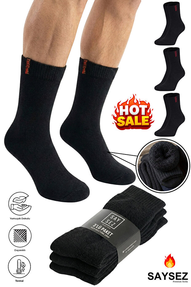3 Pairs Thermal Men's Winter Socket Towel Thick Socks Stitch-Free Black Color Premium Cotton