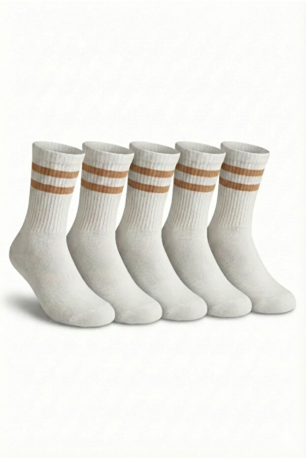 Women's White - Latte Double Striped Socks 5-Pack