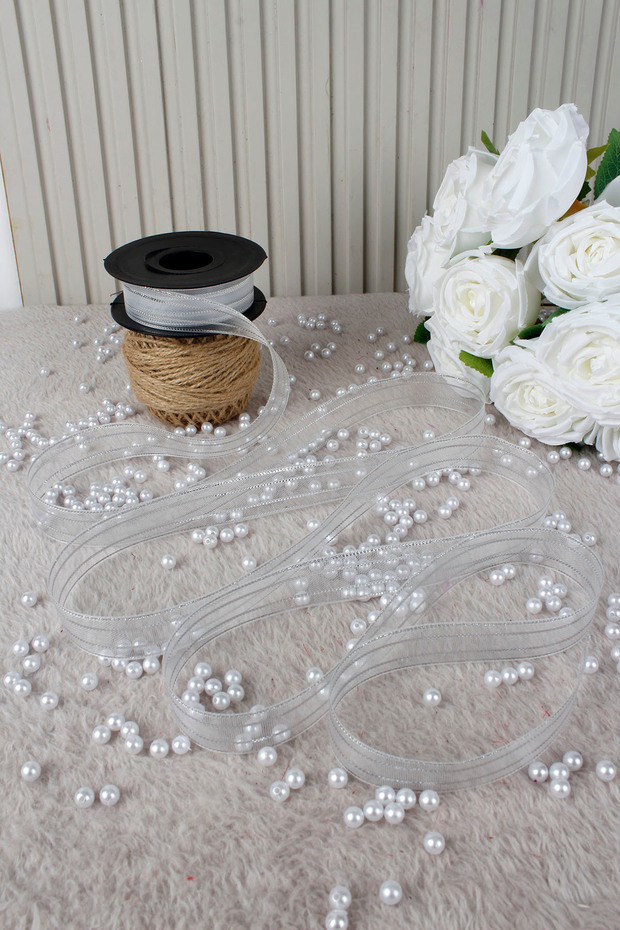 Silver Hilton Striped Chiffon Ribbon 2.5 cm 20 Meters - Wedding, Engagement, Dowry, Gift, Decoration, Party