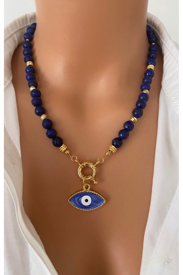 Natural Stone Navy Blue Lapis Stone Gold Plated Eye Pendant for Mother, Lover, Special Day Gift in Gift Box